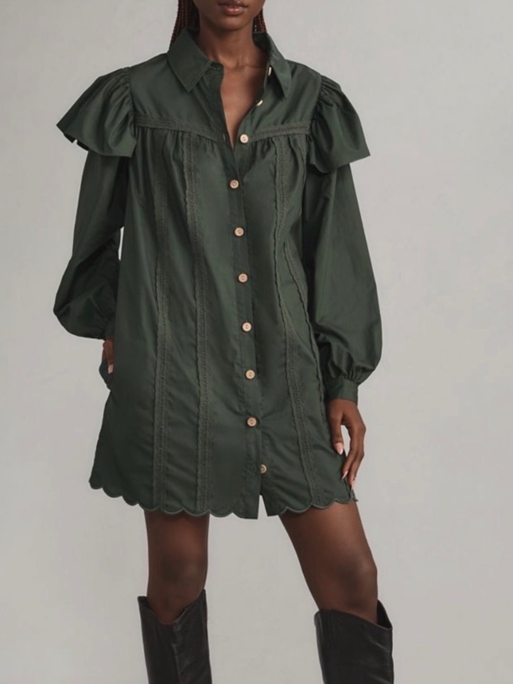 NWT FARM Rio Long Sleeve Ruffled Shoulder Mini Shirt Dress in Green Size Small